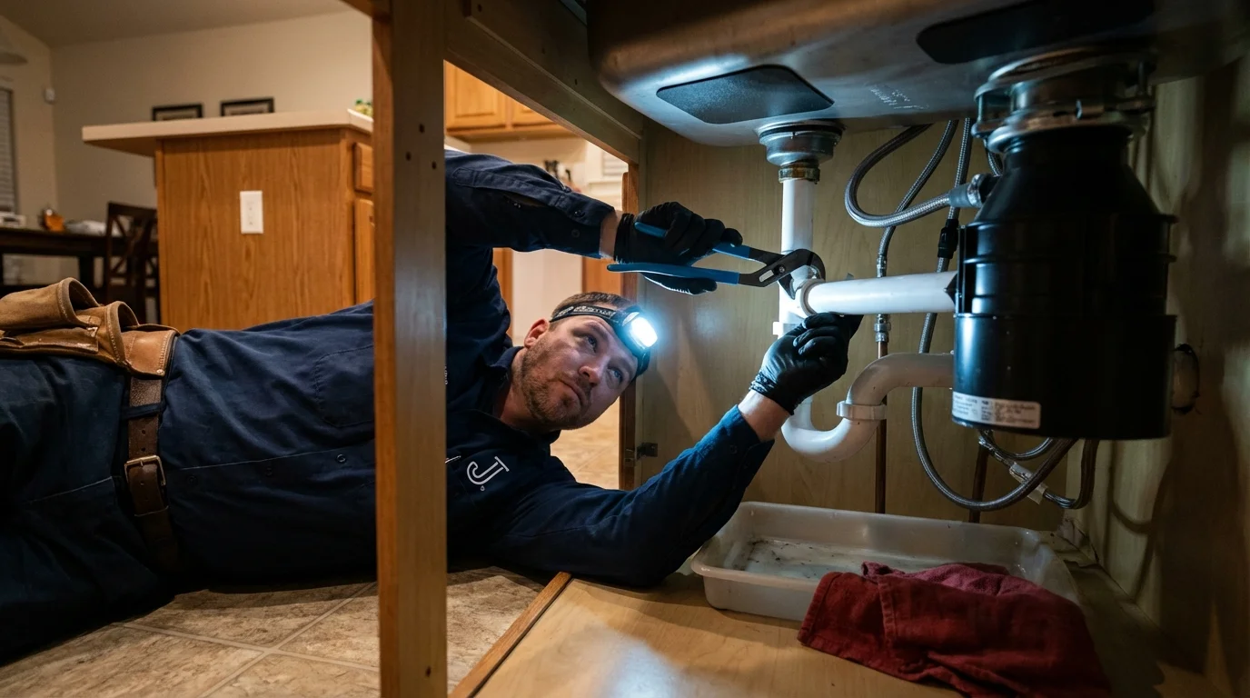 P-trap and supply line connections under a kitchen sink showing a common leak point in Arvin, CA